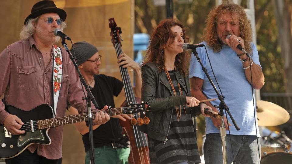 Miller with Patty Griffin and Robert Plant, performing with the Band of Joy at the Hardly Strictly Bluegrass festival, Golden Gate Park, San Francisco, October 2, 2011