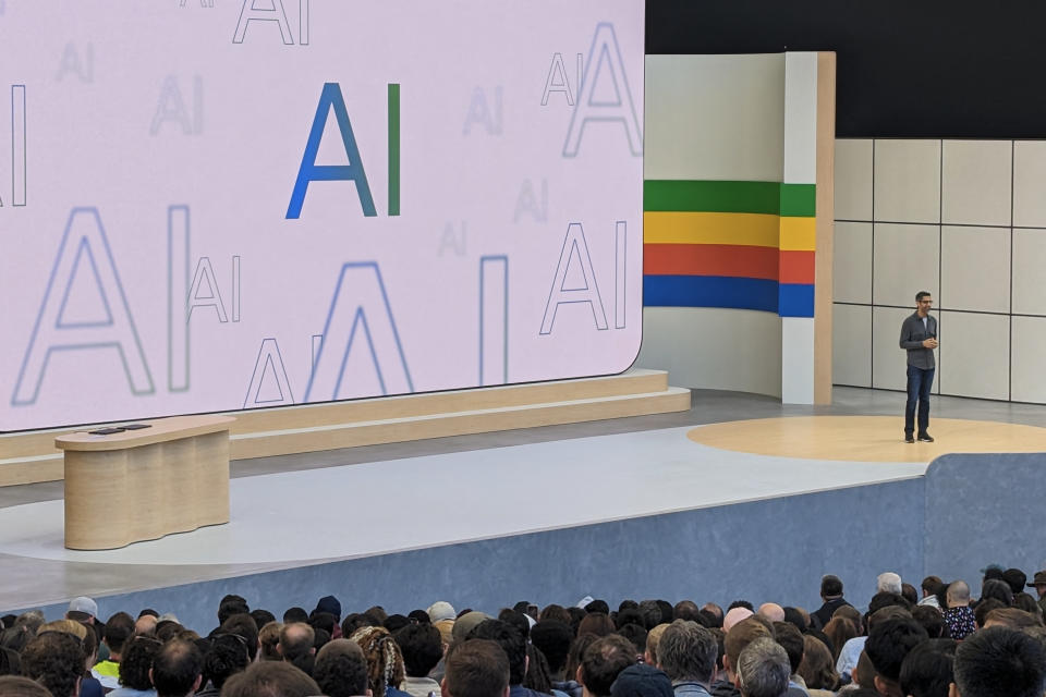 Google chief executive Sundar Pichai speaks during the tech titan's annual I/O developers conference on May 14, 2024, in Mountain View, California. Google on Tuesday said it would introduce AI-generated answers to online queries made by users in the United States, in one of the biggest updates to its search engine in 25 years. (Photo by Glenn CHAPMAN / AFP) (Photo by GLENN CHAPMAN/AFP via Getty Images)