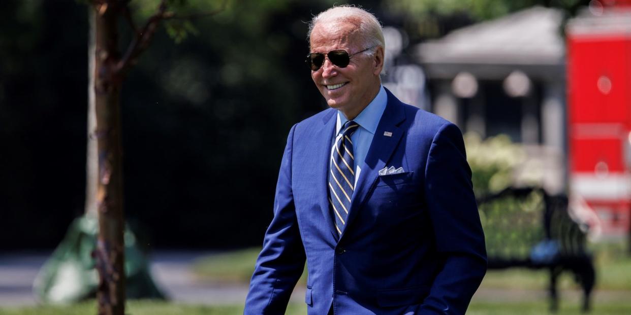 US President Joe Biden walks on the South Lawn to board Marine One at the White House in Washington, D.C., the United States, July 20, 2022.