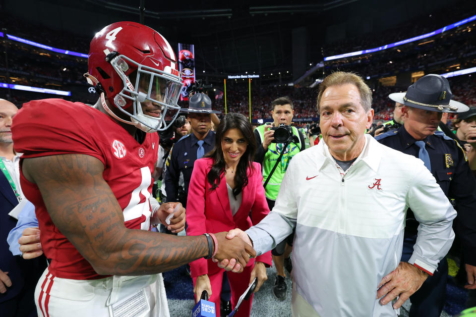 ATLANTA, GEORGIA - DECEMBER 02: Head coach Nick Saban and Jalen Milroe #4 of the Alabama Crimson Tide celebrate after defeating the Georgia Bulldogs 27-24 in the SEC Championship at Mercedes-Benz Stadium on December 02, 2023 in Atlanta, Georgia. (Photo by Kevin C. Cox/Getty Images)
