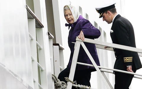 Her Majesty the Queen boarding the Hebridean Princess - Credit: This content is subject to copyright./Pool/Tim Graham Picture Library