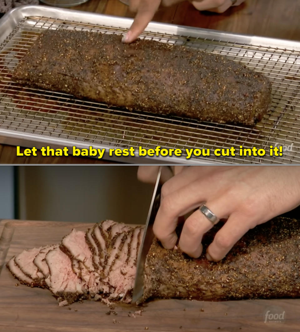 Sunny Anderson cooking beef tenderloin and saying to "let that baby rest before you cut into it"