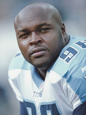 <p>Doug Pensinger/Getty</p> Mike Jones #96, Defensive End for the Tennessee Titans during the American Football Conference Central game against the Baltimore Ravens on December 5, 1999.