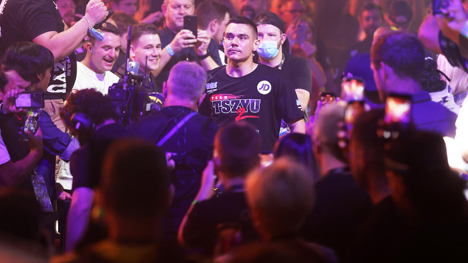 Tim Tszyu, pictured here entering the ring for the WBO Global and Asia Pacific Super Welterweight title fight.