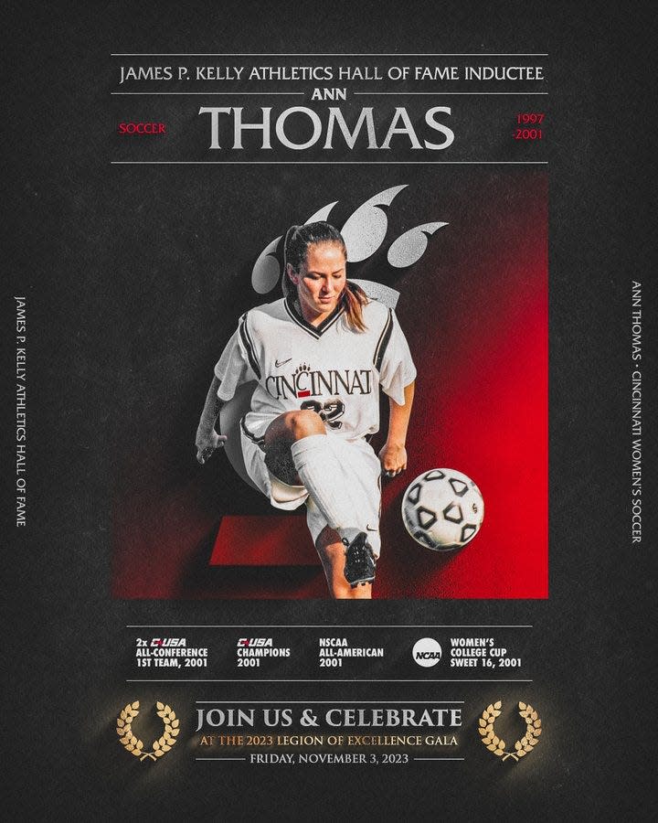 Ann Thomas was a UC women's soccer All-American who played for the Bearcats between 1997-2001. She is a James P. Kelly Athletic Hall of Fame inductee for 2023.