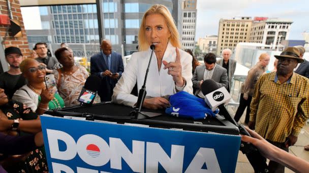 PHOTO: Donna Deegan addresses her supporters after it was announced that she won her race to be Jacksonville's Mayor during her election watch party at Estrella Cocina in downtown Jacksonville Fla., May 16, 2023. (Bob Self/Florida Times-Union/USA Today Network)