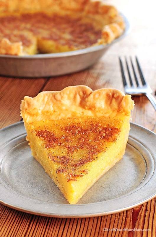 <p>She Wears Many Hats</p><p>An old-fashioned Southern pie that stands the test of time. <a href="http://shewearsmanyhats.com/chess-pie/" rel="nofollow noopener" target="_blank" data-ylk="slk:Get the recipe HERE!;elm:context_link;itc:0;sec:content-canvas" class="link ">Get the recipe HERE!</a></p>