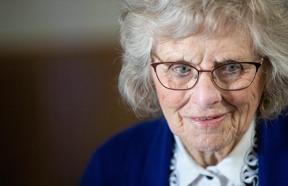 Imogene Faught smiles after being announced as the recipient of the Marcile Eddy Shining Light Award during the United Way Greater Lafayette 100 Years of Volunteers event, Tuesday, March 21, 2023, at Outpost Catering in Lafayette, Ind. 