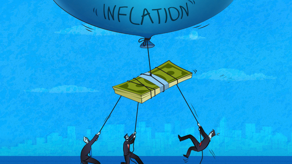 A cartoon of three men trying to hold on to a pile of cash that is being dragged up by a large balloon labelled 'inflation' so signify an oncoming recession.