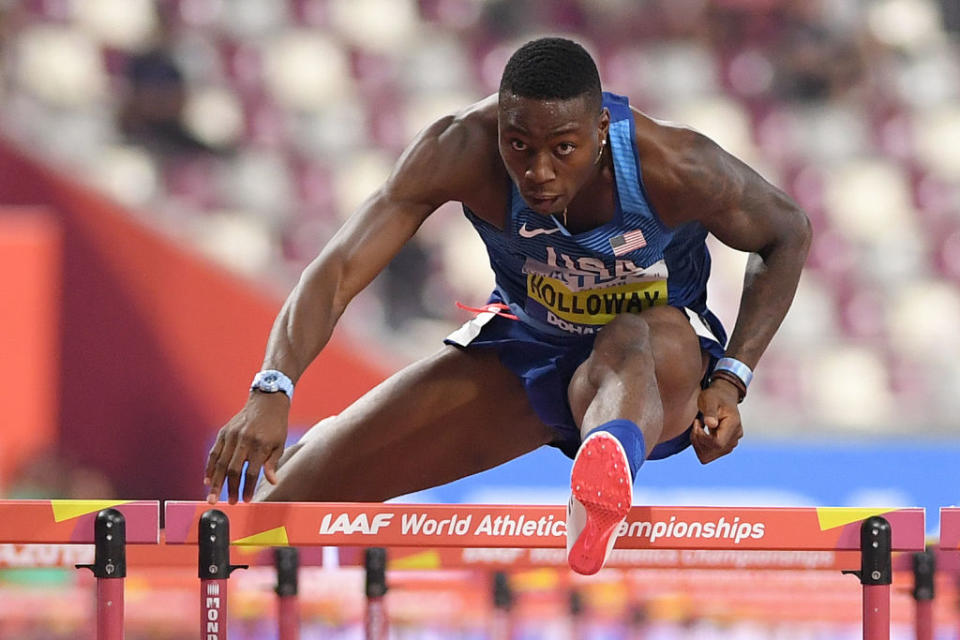 Grant Holloway of the Team USA competes in the Men's 110-m hurdles final during day six of 17th IAAF World Athletics Championships Doha 2019 at Khalifa International Stadium on October 02, 2019 in Doha, Qatar.<span class="copyright">Matthias Hangst—Getty Images</span>
