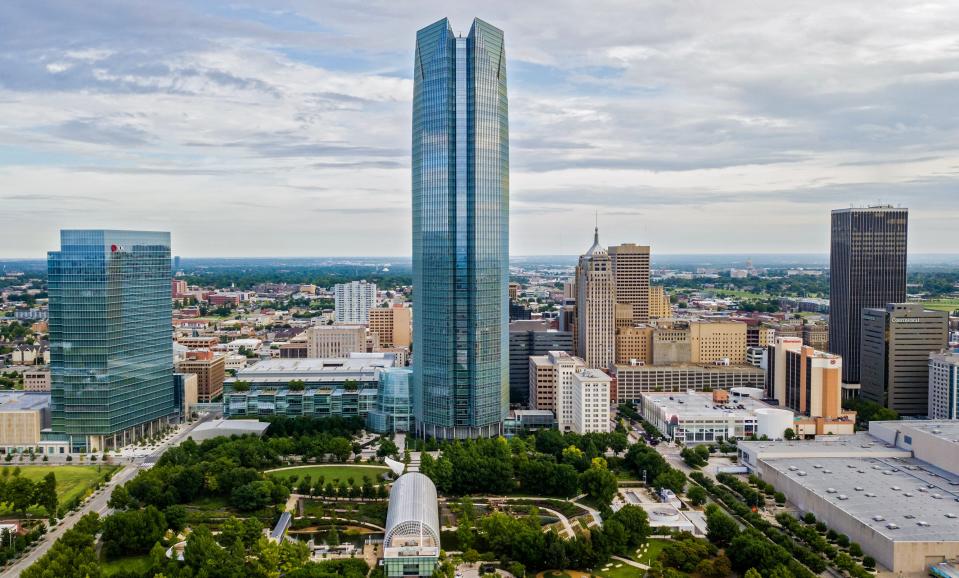 Aerial drone photo. Looking north at downtown with BOK Park Building and Devon Energy Tower  and Myriad Botanical Gardens in foreground. Photo by David Morris, The Oklahoman