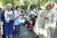 Roman Catholic Cardinal Philippe Barbarin waves an olive branch at pilgrims as he celebrates a mass in the French southwestern city of Lourdes, on August 15, 2016