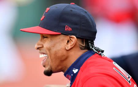 Apr 20, 2019; Cleveland, OH, USA; Cleveland Indians shortstop Francisco Lindor (12) cheers as the Indians score a run during the first inning against the Atlanta Braves at Progressive Field. Mandatory Credit: Ken Blaze-USA TODAY Sports