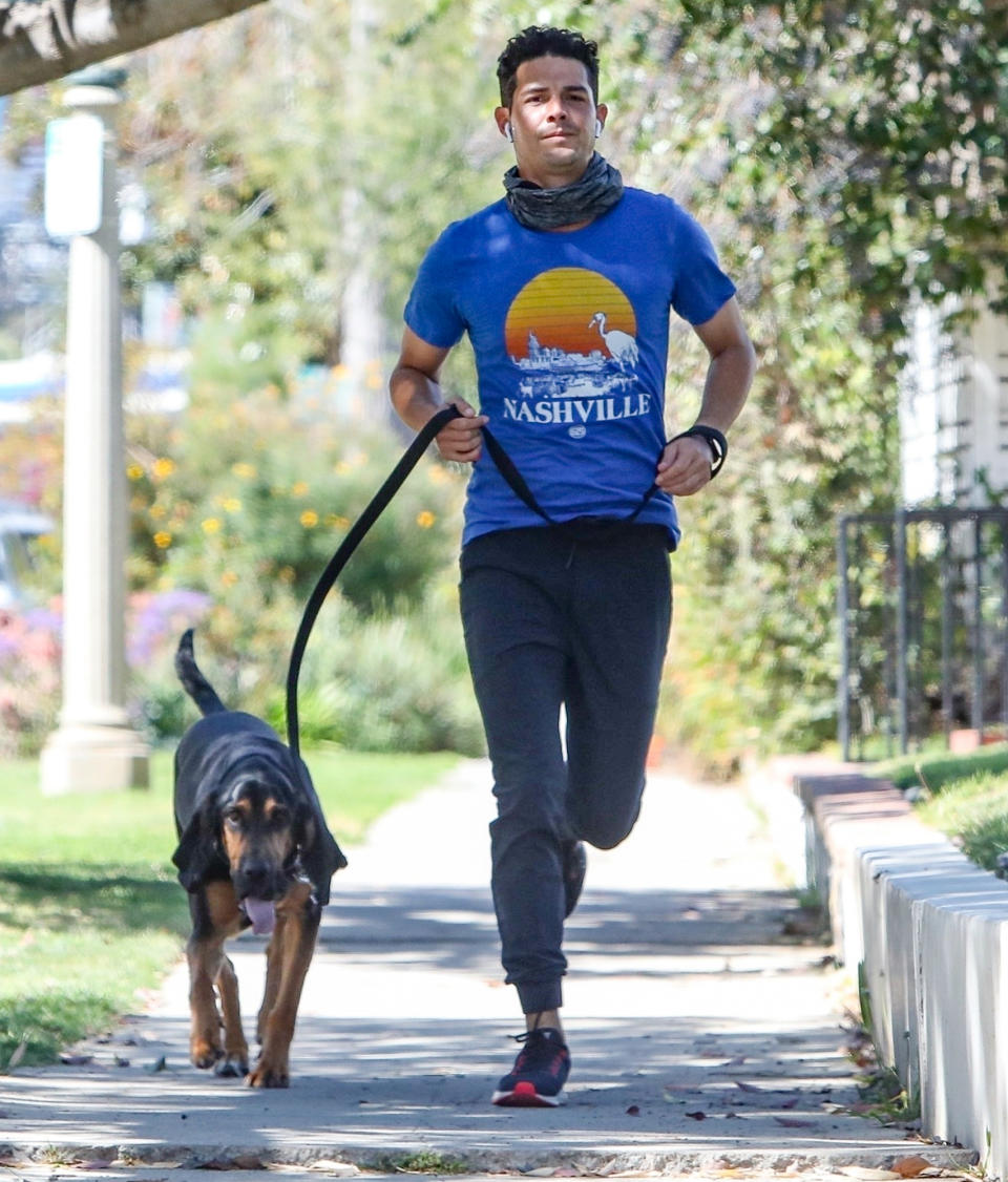 <p>Wells Adams jogs with his dog in L.A. on Thursday.</p>