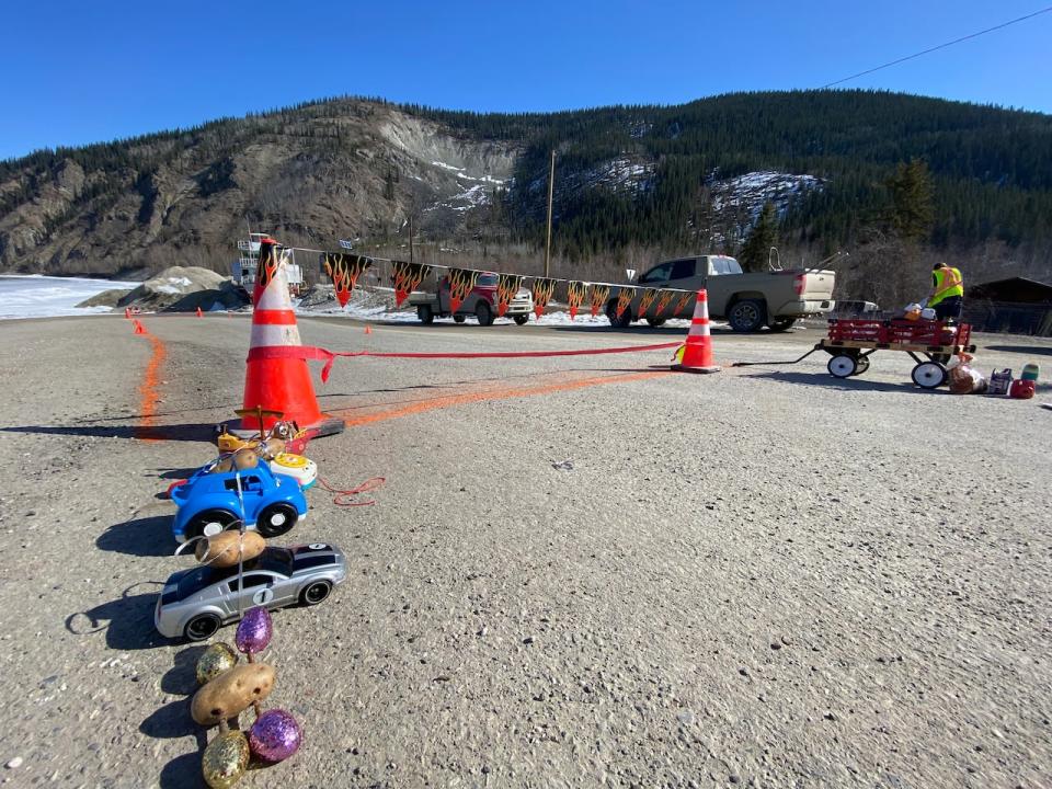 Potatoes lined up for a race in Dawson City, Yukon, April 21, 2024.