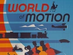 A cartoon illustration of a horse, plane, train, and car with the words &quot;World of Motion.&quot;