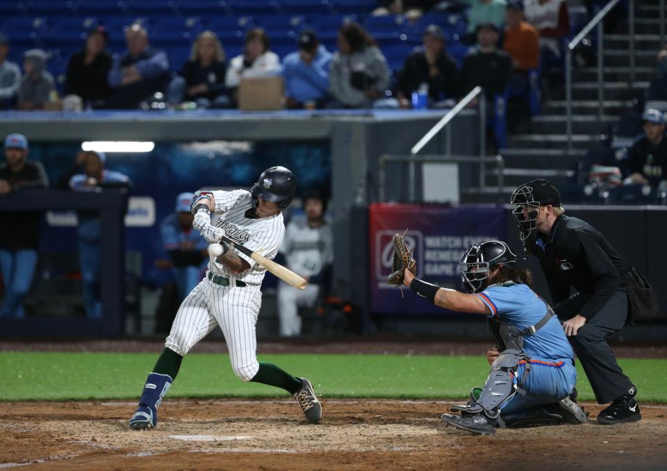 Hudson Valley Renegades Roc Riggio at bat during their home opener versus the Aberdeen IronBirds on April 16, 2024.