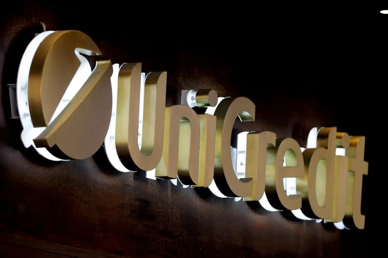 FILE PHOTO: The UniCredit bank logo in the old city centre of Siena, Italy