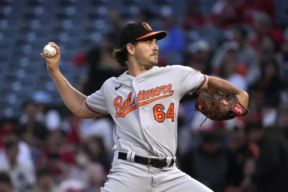 Baltimore Orioles starting pitcher Dean Kremer throws to the plate during the first inning of a baseball game against the Los Angeles Angels Tuesday, Sept. 5, 2023, in Anaheim, Calif. (AP Photo/Mark J. Terrill)