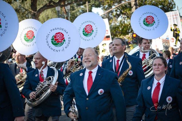 The Band Directors Marching Band will appear early in the parade, which airs on NBC starting at 9 a.m. on Thanksgiving Day. The group is pictured here at the Rose Parade in Pasadena, Calif., on Jan. 1, 2022.