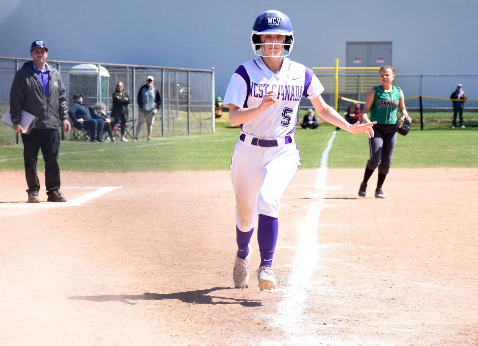 Olivia Morreale heads home with a run for West Canada Valley during the seventh inning of Saturday's game against Herkimer.