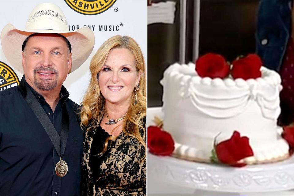 <p>Jason Kempin/Getty; ABC</p> Garth Brooks and Trisha Yearwood and the wedding cake