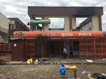 A pharmacy, gutted by fire during post election riots, us seen in the PK8 neighbourhood of Libreville, Gabon, September 19, 2016. REUTERS/Edward McAllister