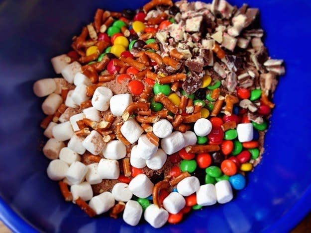 Pretzel, Marshmallow, M&M, Peppermint Brownies