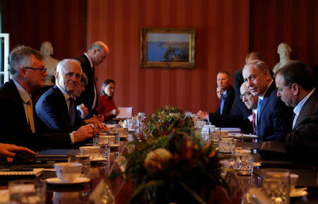 Israeli Prime Minister Benjamin Netanyahu (2nd R) participates in a bilateral meeting with Australian Prime Minister Malcolm Turnbull (2nd L) at Admiralty House in Sydney, Australia, February 22, 2017. REUTERS/Jason Reed