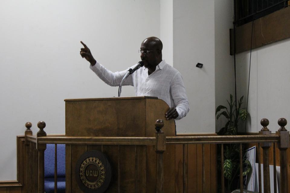 Sen. Rafael Warnock speaks to labor groups on Labor Day, Sept. 5, 2022 at the UAW Hall in Atlanta.