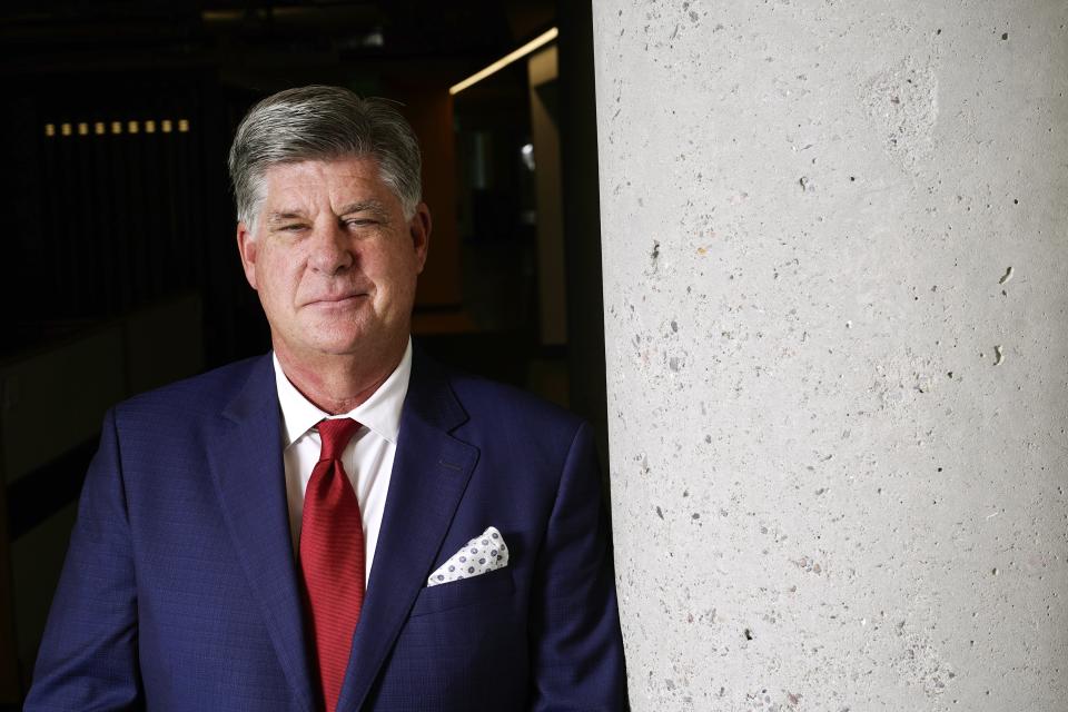 Beau Lane, a Republican running for Arizona Secretary of State, poses for a photograph Friday, July 29, 2022, in Phoenix. (AP Photo/Ross D. Franklin)