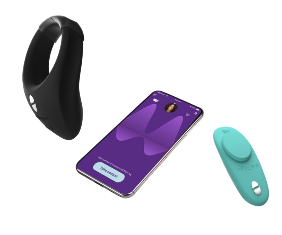 A black penis stimulating ring on the left and a purple-screened mobile phone in the middle, with a mint green thin and long vibrator on the right against a white background.