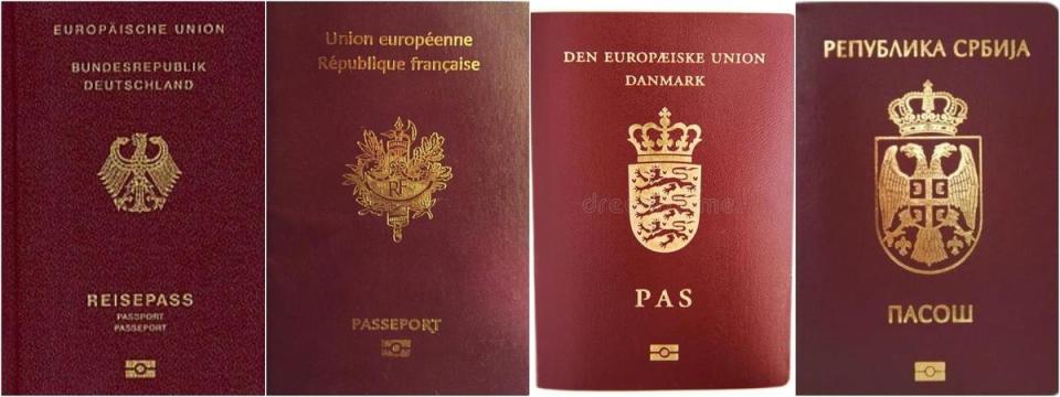 石明謹秀出德（左起）、法、丹麥、塞爾維亞等國家護照。（翻攝石明謹臉書）