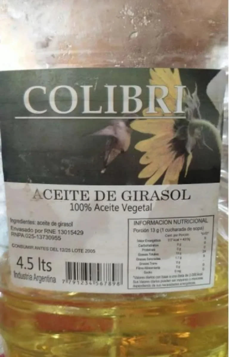 El aceite de girasol prohibido por Anmat de la marca Colibrí