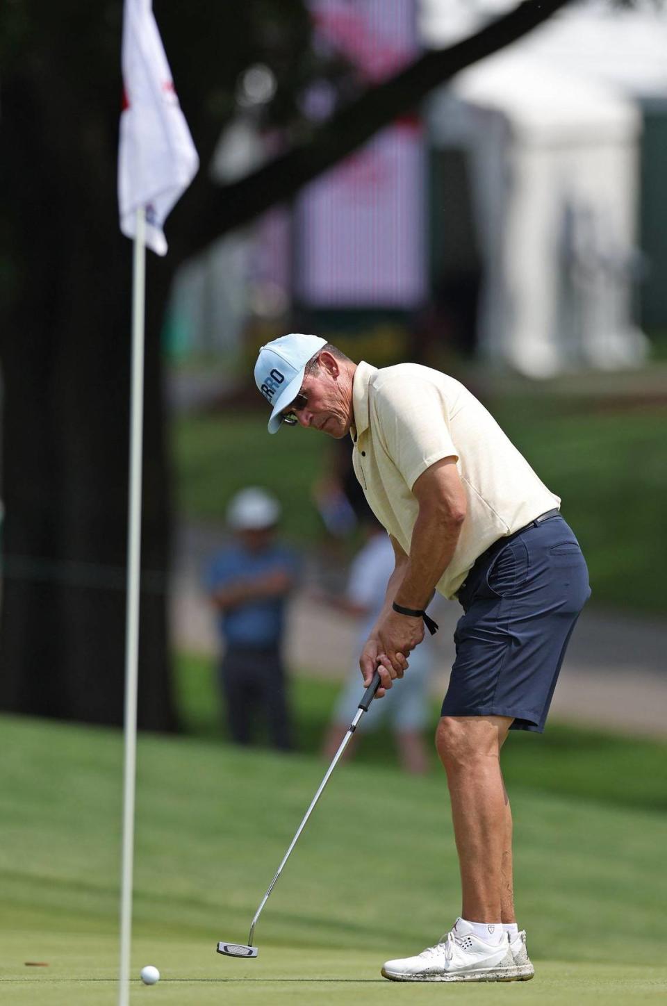 Former NFL head coach Ron Rivera follows through on his putt on the 10th green during the Wells Fargo Championship Pro-Am at Quail Hollow Club on Wednesday, May 8, 2024. JEFF SINER/jsiner@charlotteobserver.com