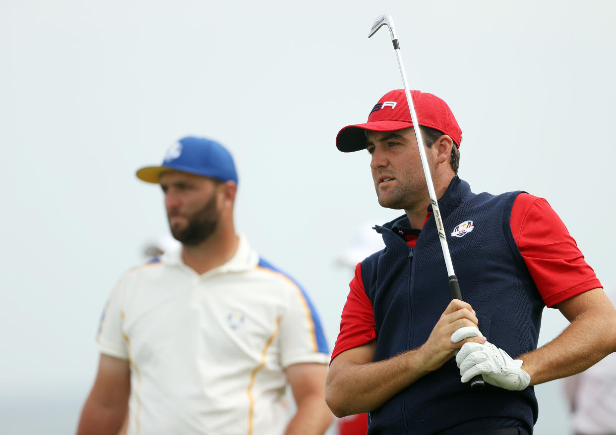 PGA favorites Jon Rahm (L) and Scottie Scheffler faced off at the Ryder Cup. (Photo by Patrick Smith/Getty Images)