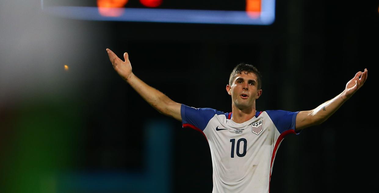 Christian Pulisic of the United States men's national team reacts to the referee's call during the FIFA World Cup Qualifier match between Trinidad and Tobago at the Ato Boldon Stadium on Oct. 10. (Photo: Ashley Allen via Getty Images)