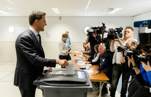 Dutch Prime Minister Mark Rutte casts his vote for the European elections with exit polls due late Thursday and official results out on Sunday