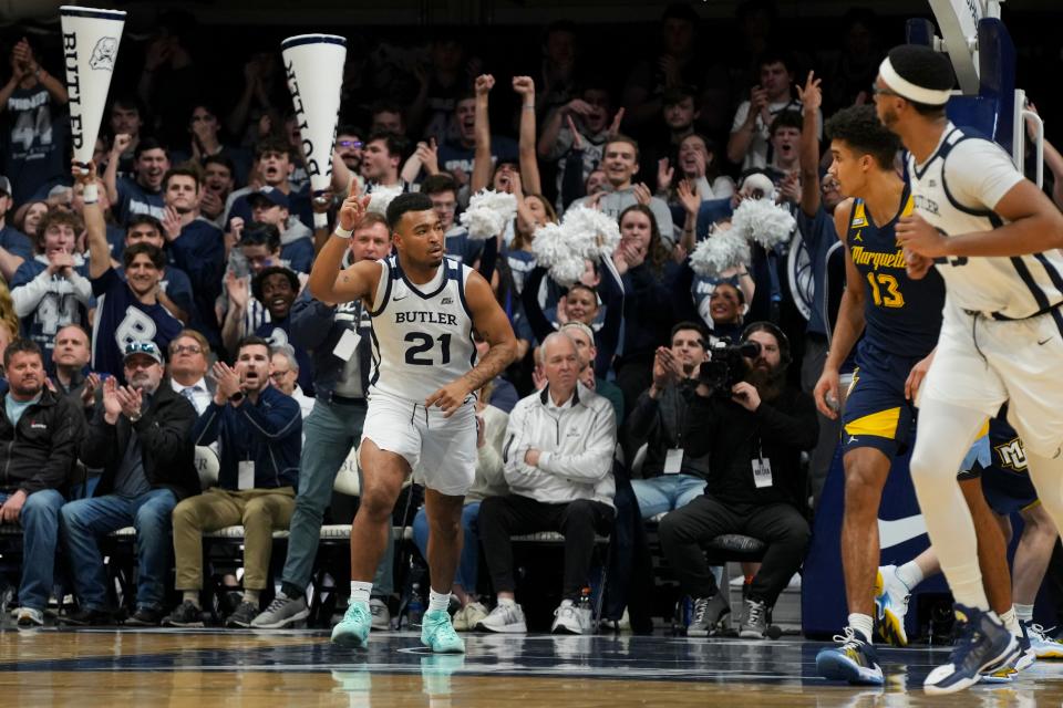 Butler Bulldogs guard Pierre Brooks (21) celebrates after scoring Tuesday, Feb. 13, 2024, during the game at Hinkle Fieldhouse in Indianapolis.