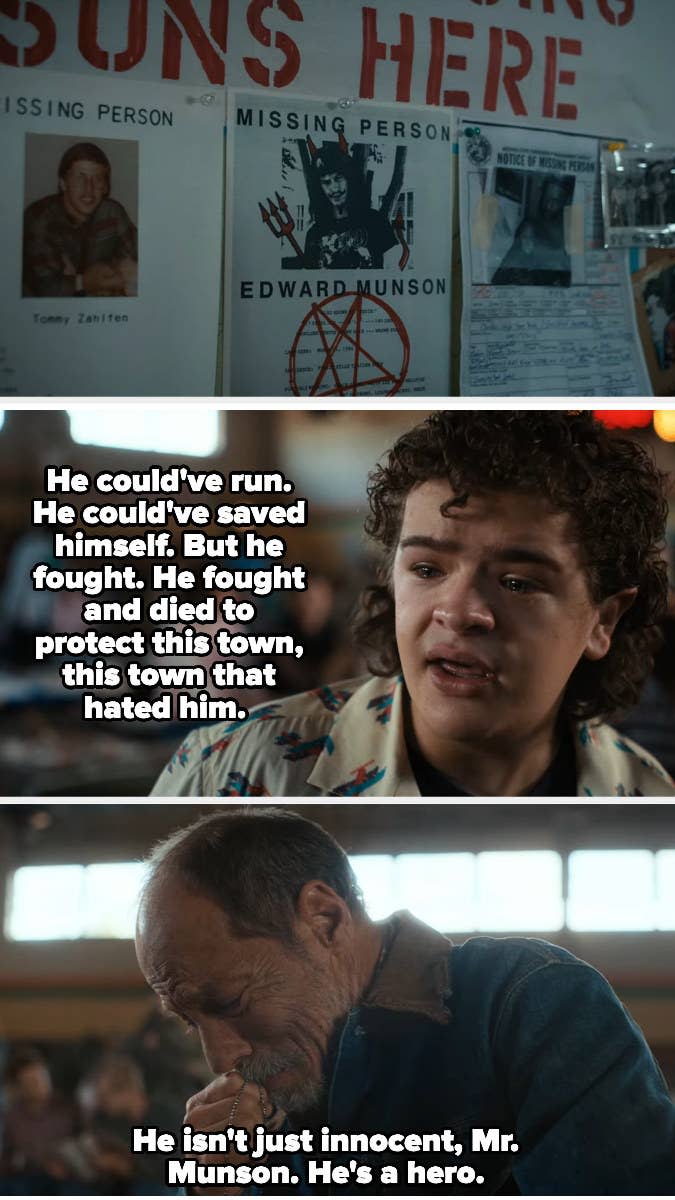 Dustin telling Eddie's uncle that Eddie died a hero