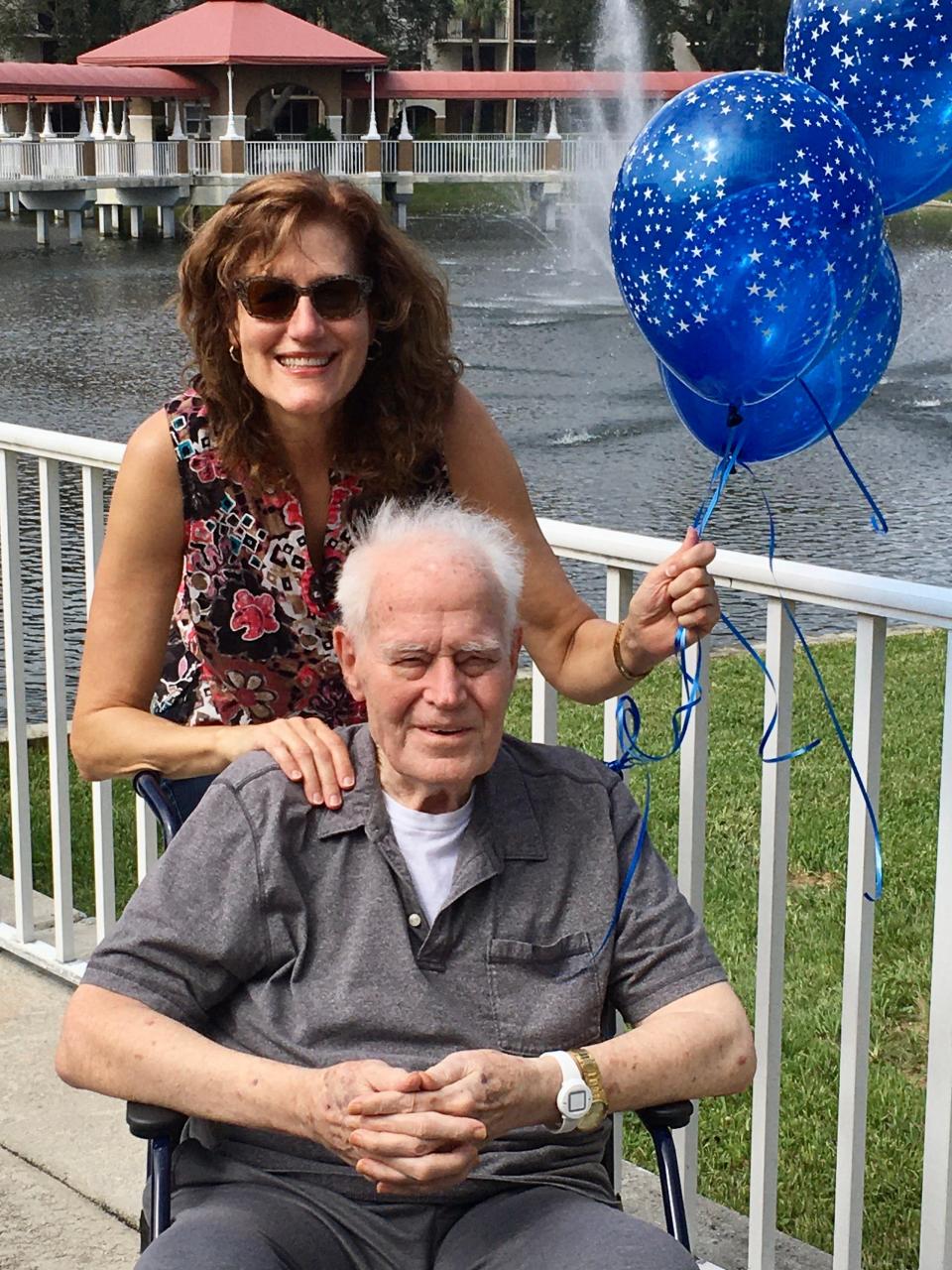 Janet Meckstroth Alessi and her father, Dr. Spencer Meckstroth, celebrate his 91st birthday in October 2020 at an assisted living facility in West Palm Beach.