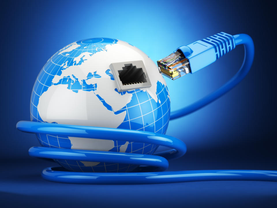 Internet global comunication concept. Earth and ethernet cable on blue background. 3d