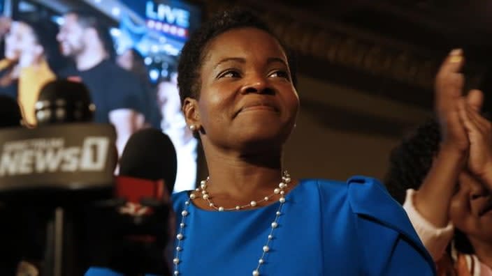 Democratic Buffalo mayoral primary candidate India Walton delivers her victory speech after defeating incumbent Byron Brown in June’s election. (Photo: Robert Kirkham/The Buffalo News via AP)