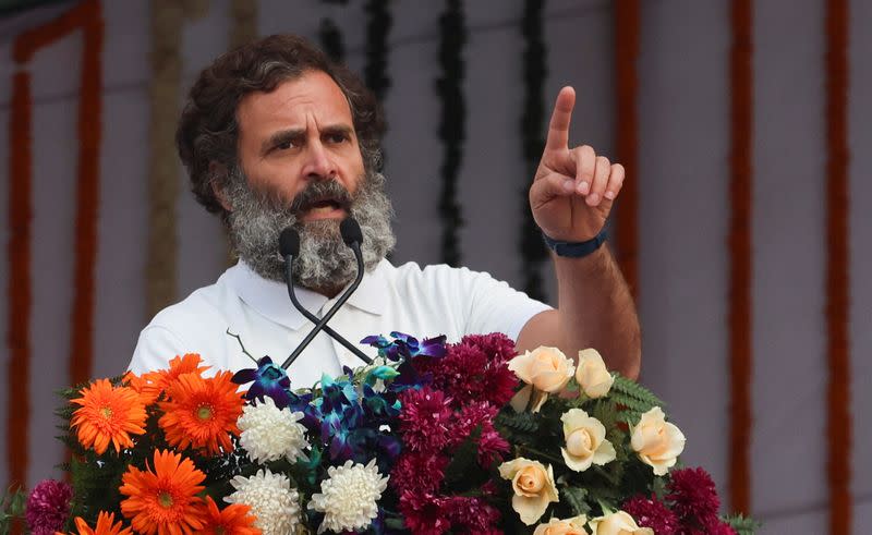 Rahul Gandhi, the leader of India's main opposition Congress party, addresses the crowd in Panipat, India