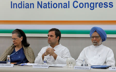 Rahul Gandhi, President of Congress party, his mother and leader of the party Sonia Gandhi and India's former Prime Minister Manmohan Singh attend a Congress Working Committee (CWC) meeting in New Delhi, India, May 25, 2019. REUTERS/Altaf Hussain