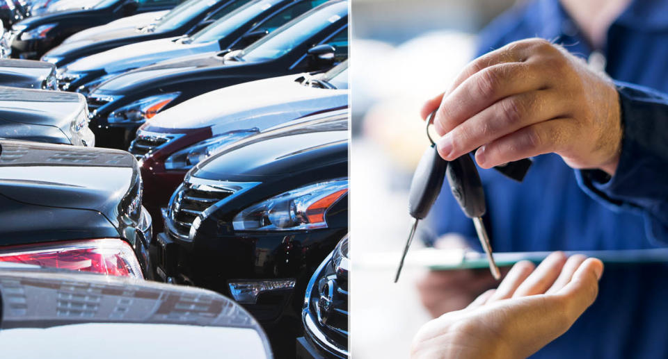 New cars parked close to each other (left) and a man handing another person car keys (right).