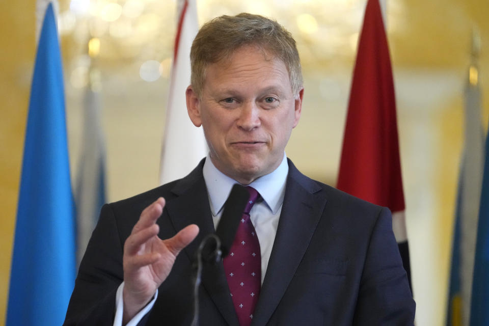 Britain's Defence Secretary Grant Shapps speaks during a press conference with Norway's Minister of Defence Bjorn Arild Gram and Vice Admiral Oleksii Neizhpapa of Ukraine, in London, Monday, Dec. 11, 2023. Britain's Ministry of Defense is transferring two minehunting ships to Ukraine as part of a package of long-term support to bolster security in the Black Sea. The transfer comes as Britain and Norway announce plans for a new maritime coalition to increase support for Ukraine in the war with Russia. (AP Photo/Kirsty Wigglesworth)