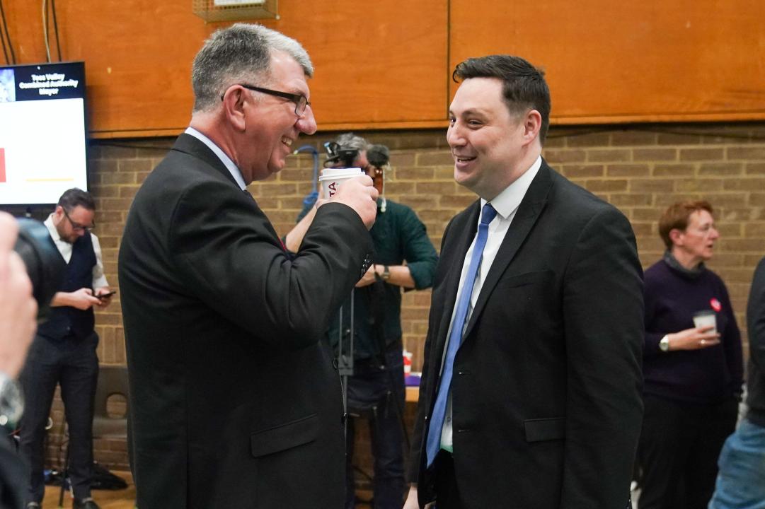 Labour Party candidate Chris McEwan and Conservative party candidate Lord Ben Houchen, during a count of votes for the Tees Valley Mayoral election in the Thornaby Pavilion, Stockton-on-Tees. Picture date: Friday May 3, 2024.