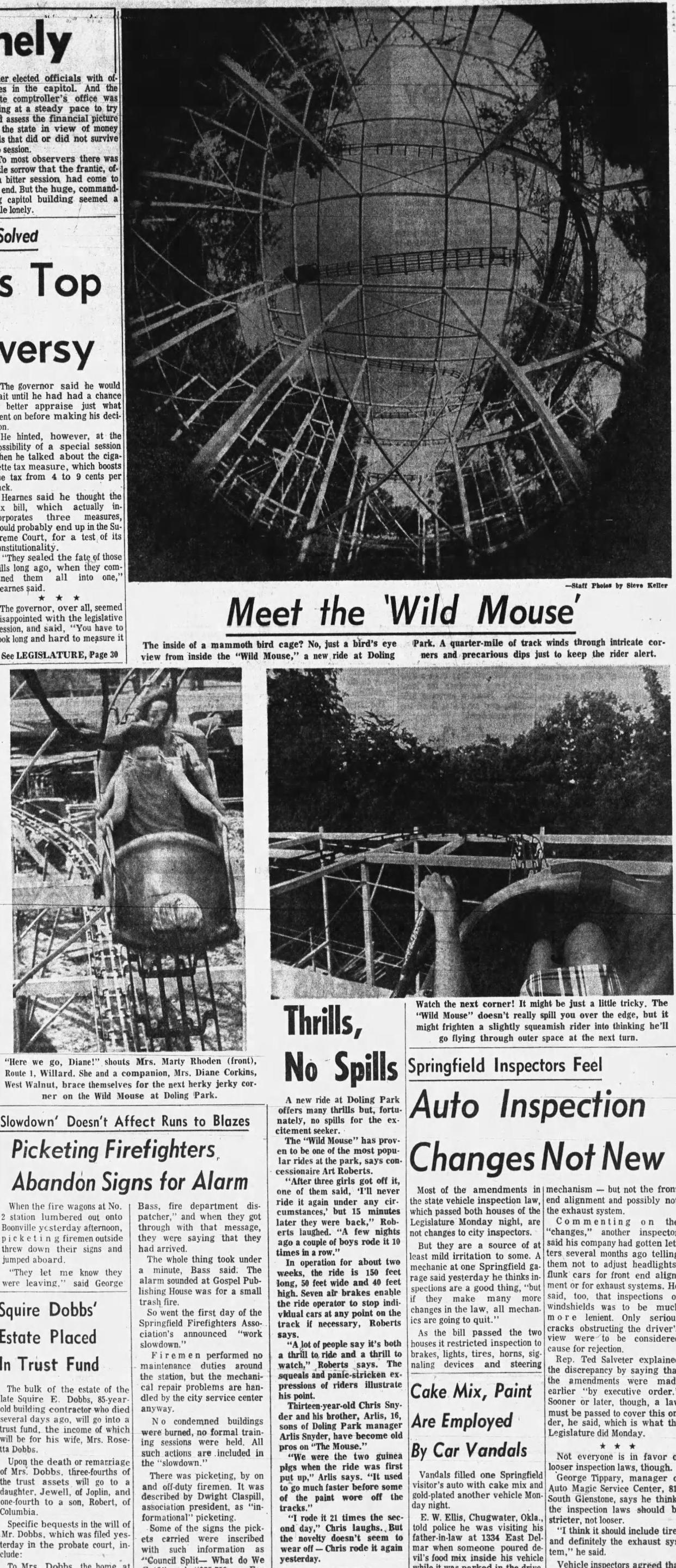 A newspaper clipping about the opening of the new Wild Mouse rollercoaster at the now-defunct Doling Amusement Park, printed in the Springfield News-Leader on July 4, 1969.