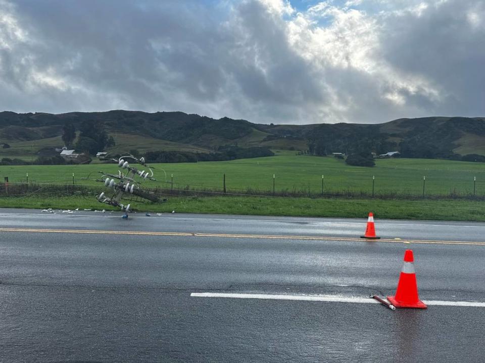 Los Osos Valley Road at Foothill Boulevard was closed Feb. 7, 2024, after power poles fell blocking part of the road.